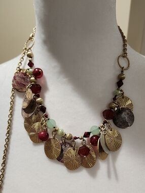 Gold Tone Multi-Disc and Bead Statement Necklace